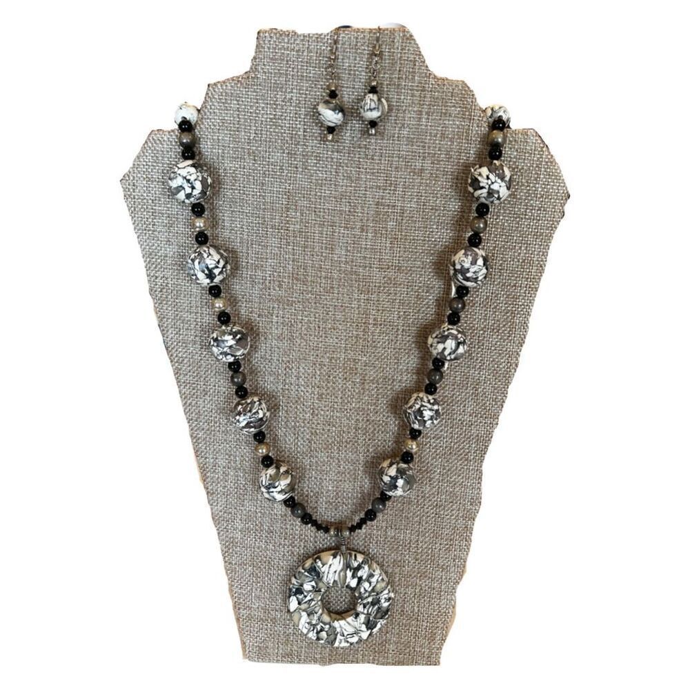 Handmade Polymer Clay Statement Necklace and Earring Set Black White Silver Tone